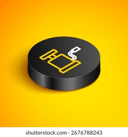 Línea isométrica Icono de la bomba de aire del coche aislado en fondo amarillo. Botón de círculo negro. Vector