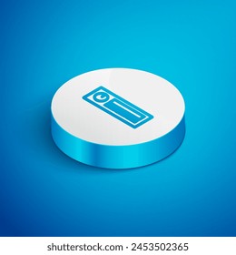 Línea isométrica Car Audio icono aislado sobre fondo azul. Icono de audio de coche de radio FM. Botón de círculo blanco. Vector
