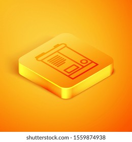 Isometric line Car battery icon isolated on orange background. Accumulator battery energy power and electricity accumulator battery. Orange square button. Vector Illustration