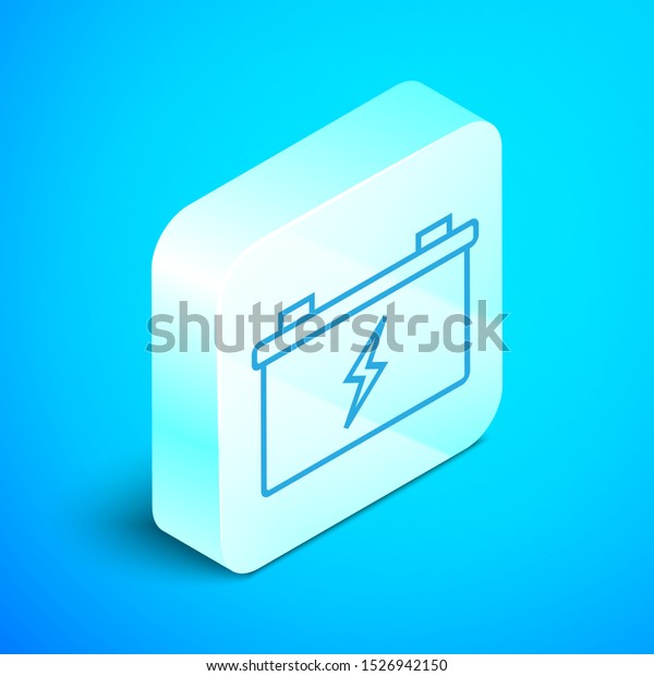 Isometric line Car\
battery icon isolated on blue background. Accumulator battery\
energy power and electricity accumulator battery. Silver square\
button. Vector\
Illustration