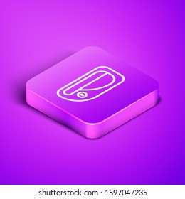 Isometric line Car door handle icon isolated on purple background. Purple square button. Vector Illustration