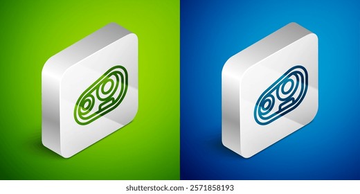 Isometric line Car headlight icon isolated on green and blue background. Silver square button. Vector