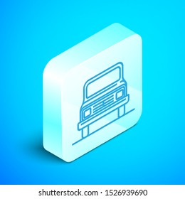 Isometric line Car icon isolated on blue background. Front view. Silver square button. Vector Illustration