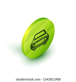 Isometric line Car icon isolated on white background. Front view. Green circle button. Vector Illustration
