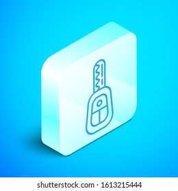 Isometric line Car key with remote icon isolated on blue background. Car key and alarm system. Silver square button. Vector Illustration