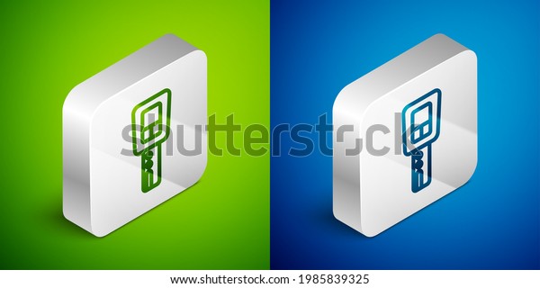Isometric line Car key with remote icon isolated
on green and blue background. Car key and alarm system. Silver
square button.
Vector