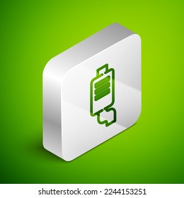 Isometric line Car muffler icon aislado en el fondo verde. Tubo de escape. Botón cuadrado plateado. Vector