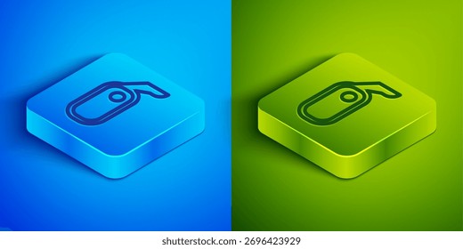 Isometric line Car rearview mirror icon isolated on blue and green background. Square button. Vector Illustration