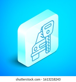 Isometric line Car rental icon isolated on blue background. Rent a car sign. Key with car. Concept for automobile repair service. Silver square button. Vector Illustration