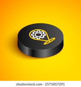 Isometric line Car service icon isolated on yellow background. Auto mechanic service. Repair service auto mechanic. Maintenance sign. Black circle button. Vector