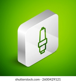 Isometric line Car spark plug icon isolated on green background. Car electric candle. Silver square button. Vector