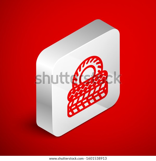 Isometric line Car tire icon\
isolated on red background. Silver square button. Vector\
Illustration