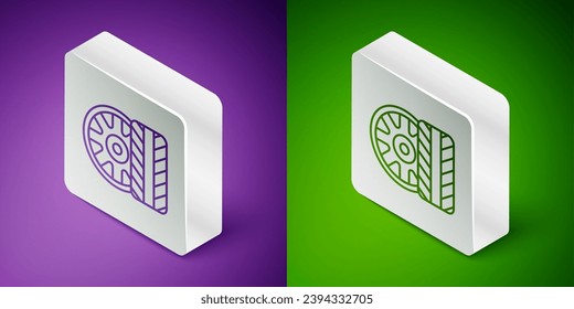 Isometric line Car tire wheel icon isolated on purple and green background. Silver square button. Vector