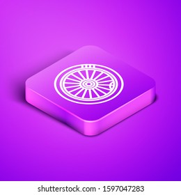 Isometric line Car wheel icon isolated on purple background. Purple square button. Vector Illustration
