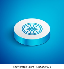 Isometric line Car wheel icon isolated on blue background. White circle button. Vector Illustration