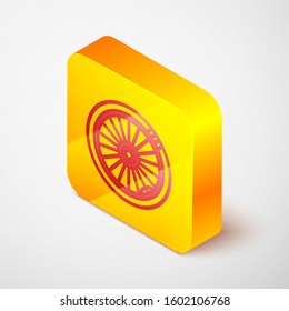 Isometric line Car wheel icon isolated on grey background. Yellow square button. Vector Illustration