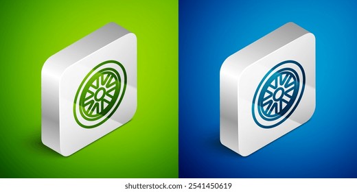 Isometric line Car wheel icon isolated on green and blue background. Silver square button. Vector