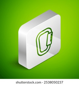 Isometric line Carabiner icon isolated on green background. Extreme sport. Sport equipment. Silver square button. Vector Illustration