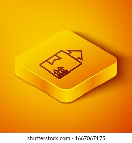 Isometric line Cardboard box with traffic symbol icon isolated on orange background. Box, package, parcel. Delivery, transportation and shipping. Yellow square button. Vector Illustration