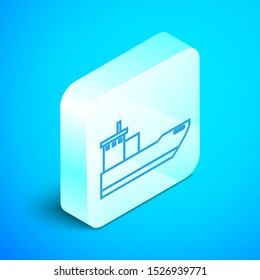 Isometric line Cargo ship icon isolated on blue background. Silver square button. Vector Illustration