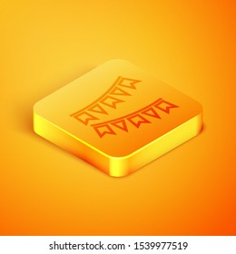 Isometric line Carnival garland with flags icon isolated on orange background. Party pennants for birthday celebration, festival and fair decoration. Orange square button. Vector Illustration