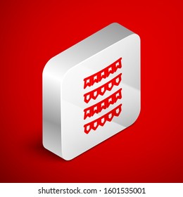 Isometric line Carnival garland with flags icon isolated on red background. Party pennants for birthday celebration, festival and fair decoration. Silver square button. Vector Illustration