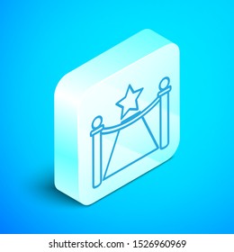 Isometric line Carpet with barriers and star icon isolated on blue background. VIP event, luxury celebration. Celebrity party entrance. Silver square button. Vector Illustration