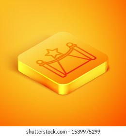 Isometric line Carpet with barriers and star icon isolated on orange background. VIP event, luxury celebration. Celebrity party entrance. Orange square button. Vector Illustration
