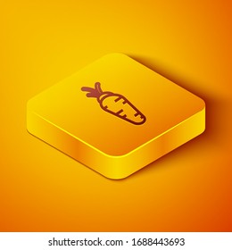 Isometric line Carrot icon isolated on orange background. Yellow square button. Vector Illustration
