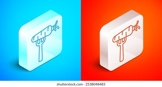 Isometric line Carrot on fork icon isolated on blue and red background. Silver square button. Vector