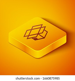 Isometric line Carton cardboard box icon isolated on orange background. Box, package, parcel sign. Delivery and packaging. Yellow square button. Vector Illustration