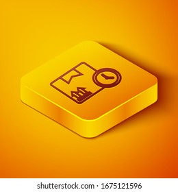 Isometric line Carton cardboard box and fast time delivery icon isolated on orange background. Box, package, parcel sign. Delivery and packaging. Yellow square button. Vector Illustration