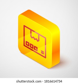 Isometric line Carton cardboard box icon isolated on grey background. Box, package, parcel sign. Delivery and packaging. Yellow square button. Vector.