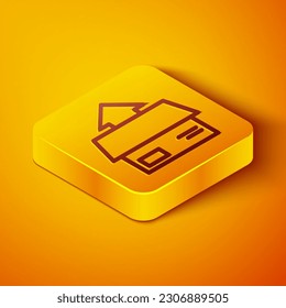 Isometric line Carton cardboard box icon isolated on orange background. Box, package, parcel sign. Delivery and packaging. Yellow square button. Vector Illustration