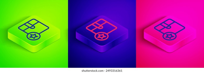 Isometric line Carton cardboard box icon isolated on green, blue and pink background. Box, package, parcel sign. Delivery and packaging. Square button. Vector