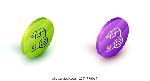 Isometric line Carton cardboard box and delete icon isolated on white background. Box, package, parcel sign. Delivery and packaging. Green and purple circle buttons. Vector