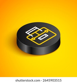 Isometric line Case or box container for wobbler and gear fishing equipment icon isolated on yellow background. Fishing tackle. Black circle button. Vector
