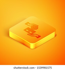 Isometric line Casino chips exchange on stacks of dollars icon isolated on orange background. Orange square button. Vector Illustration