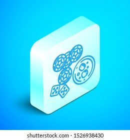 Isometric line Casino chips, game dice and glass of whiskey with ice cubes icon isolated on blue background. Casino poker. Silver square button. Vector Illustration