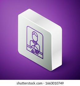 Isométrica línea de cemento de la banca de Casino aislado en fondo morado. Croupier del casino. Botón cuadrado plateado. Ilustración vectorial