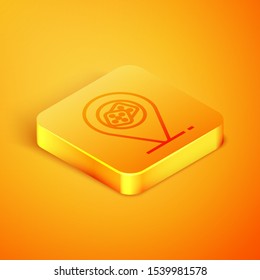 Isometric line Casino location icon isolated on orange background. Game dice icon. Orange square button. Vector Illustration