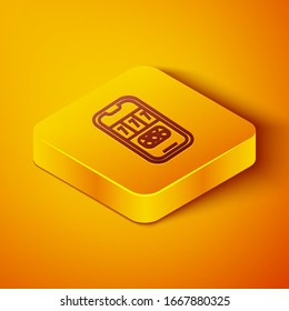 Isometric line Casino poker tournament invitation icon isolated on orange background. Casino card. Yellow square button. Vector Illustration