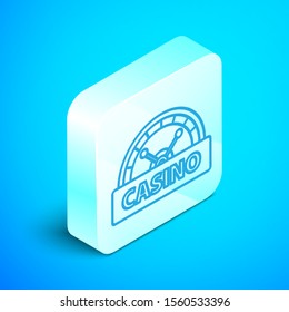 Isometric line Casino signboard icon isolated on blue background. Silver square button. Vector Illustration