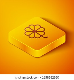 Isometric line Casino slot machine with clover symbol icon isolated on orange background. Gambling games. Yellow square button. Vector Illustration