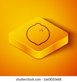 Máquina tragaperras de línea isométrica Casino con icono de símbolo de limón aislado en fondo naranja. Juegos de apuestas. Botón cuadrado amarillo. Ilustración vectorial
