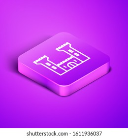 Isometric line Castle icon isolated on purple background. Fortress sign. Purple square button. Vector Illustration