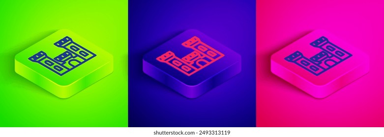 Isometric line Castle icon isolated on green, blue and pink background. Medieval fortress with a tower. Protection from enemies. Reliability and defense of the city. Square button. Vector