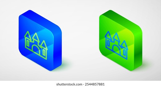 Isometric line Castle icon isolated grey background. Medieval fortress with a tower. Protection from enemies. Reliability and defense of the city. Blue and green square button. Vector