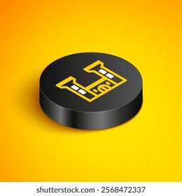 Isometric line Castle icon isolated on yellow background. Fortress sign. Black circle button. Vector