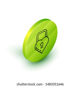 Isometric line Castle in the shape of a heart icon isolated on white background. Locked Heart. Love symbol and keyhole sign. Green circle button. Vector Illustration